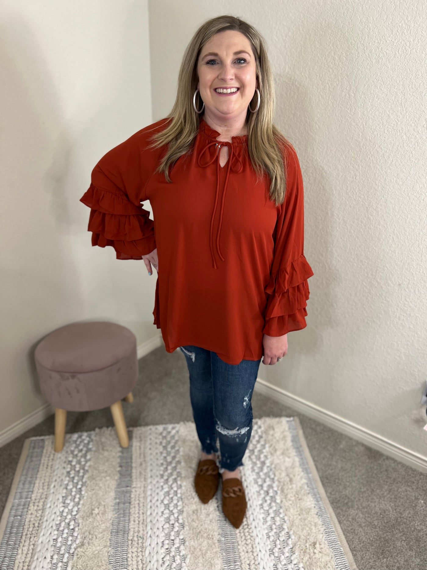 Rust Layered Ruffle Sleeve Blouse