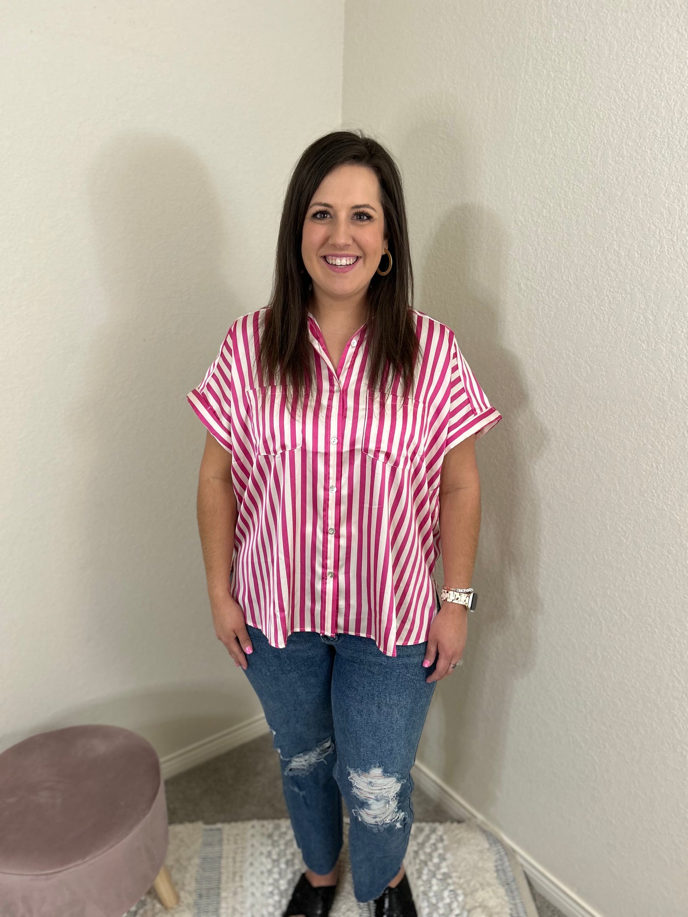 Satin Pink Stripe Button Down