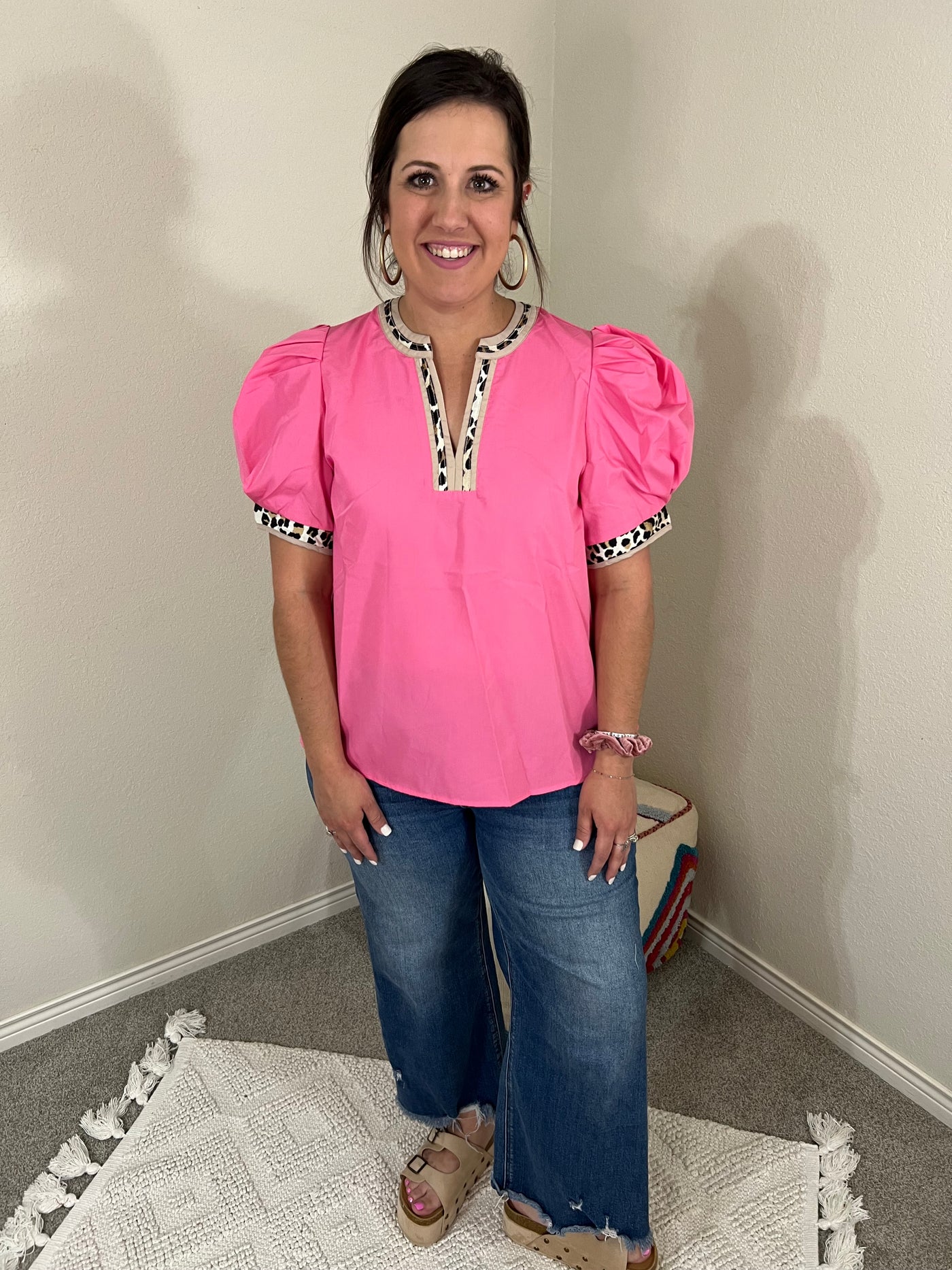 Pink Leopard Puff Top