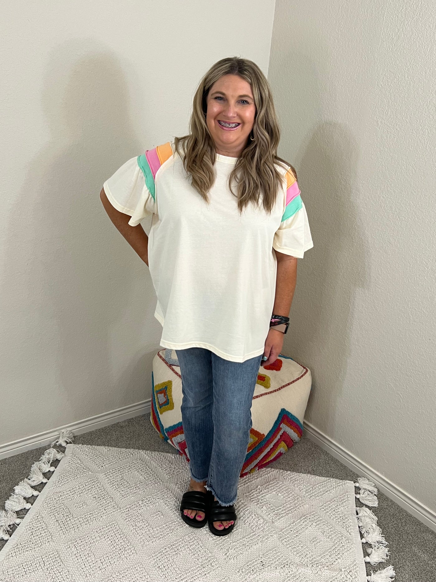 Ivory Color Block Flutter Sleeve Top