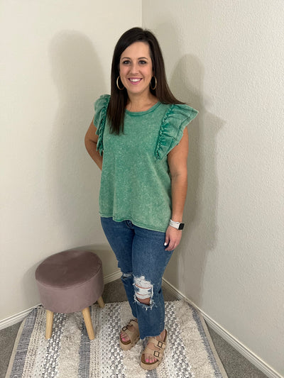 Green Mineral Wash Ruffle Top