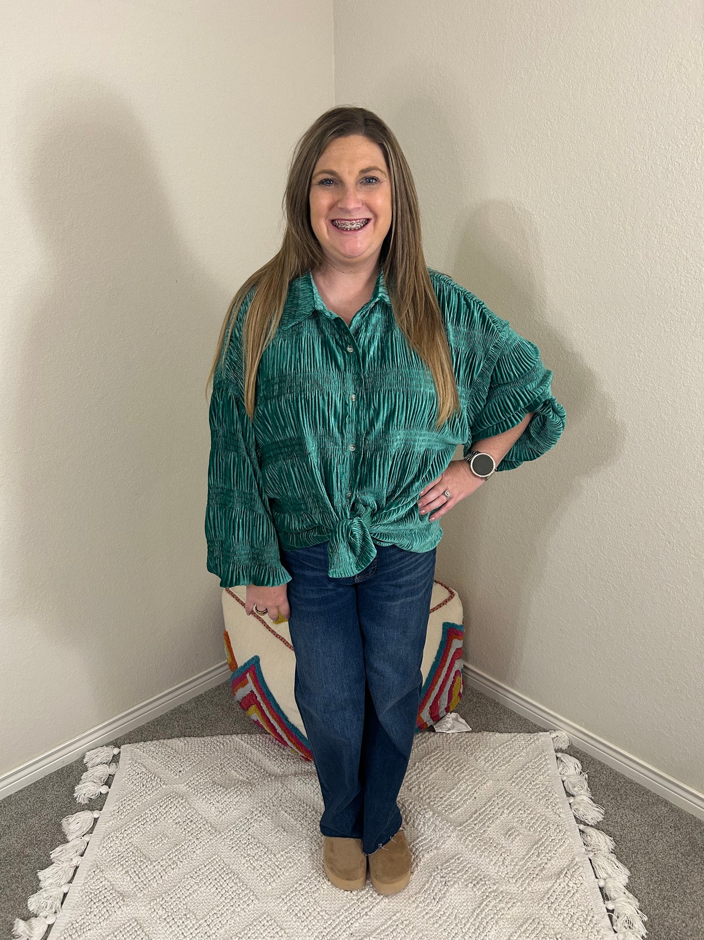 Emerald Velvet Button Down