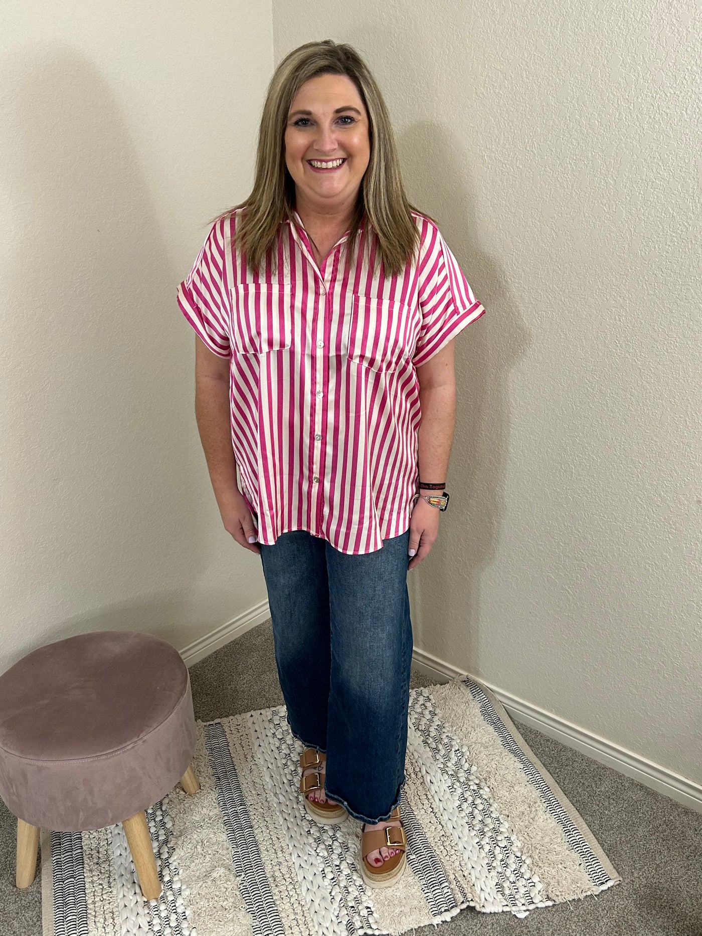 Satin Pink Stripe Button Down