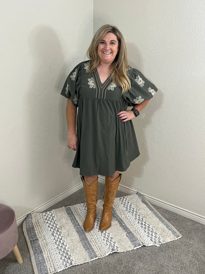 Olive Petal Puff Sleeve Dress