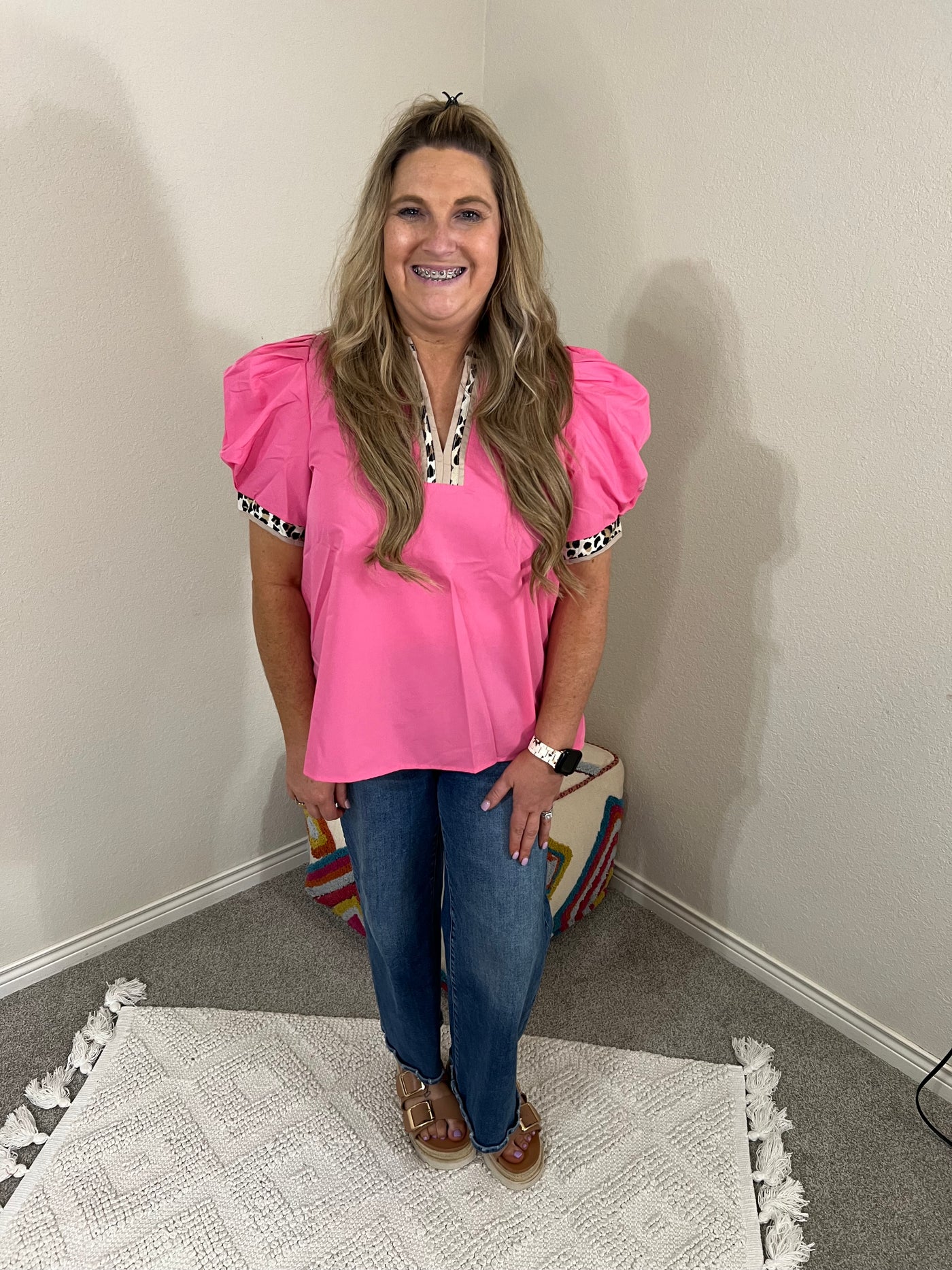Pink Leopard Puff Top